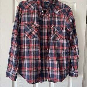 American Eagle Outfitters Red and Blue Casual Button Down Shirt